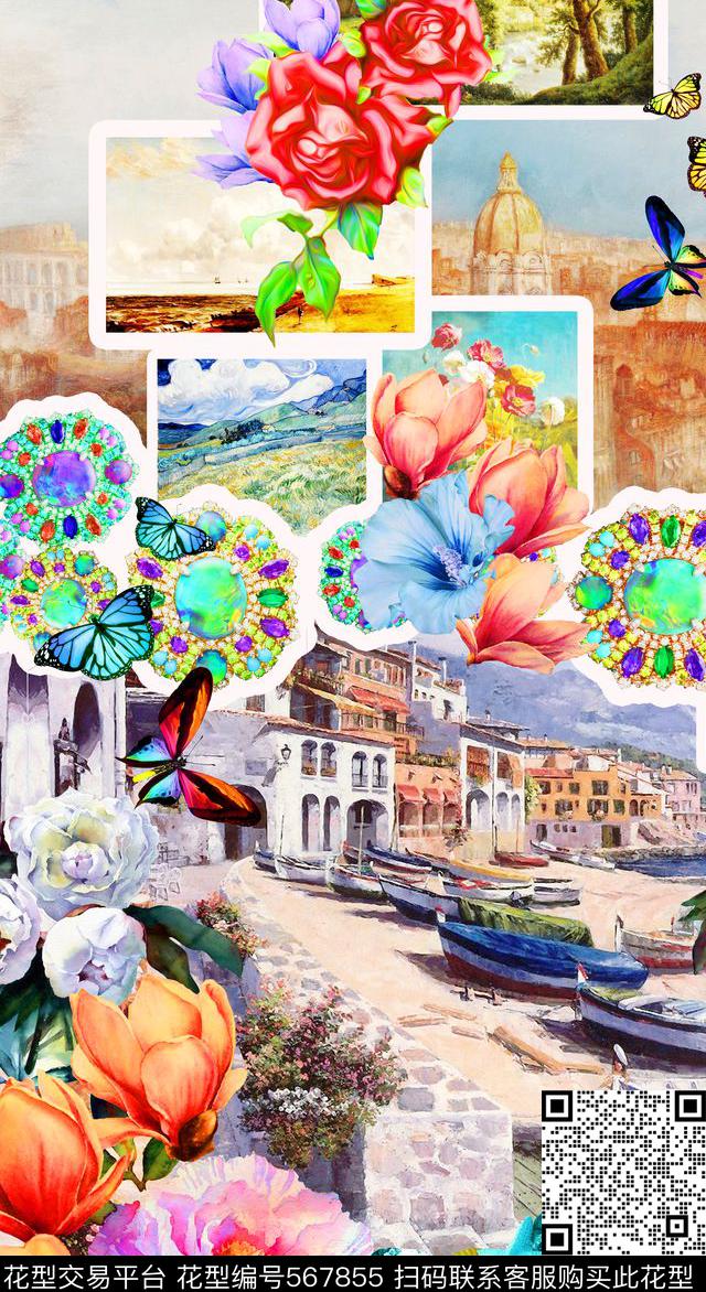 油画建筑花卉定位数码印花华亿平台下载（图片编号: 567855） - 瓦栏（Walan）