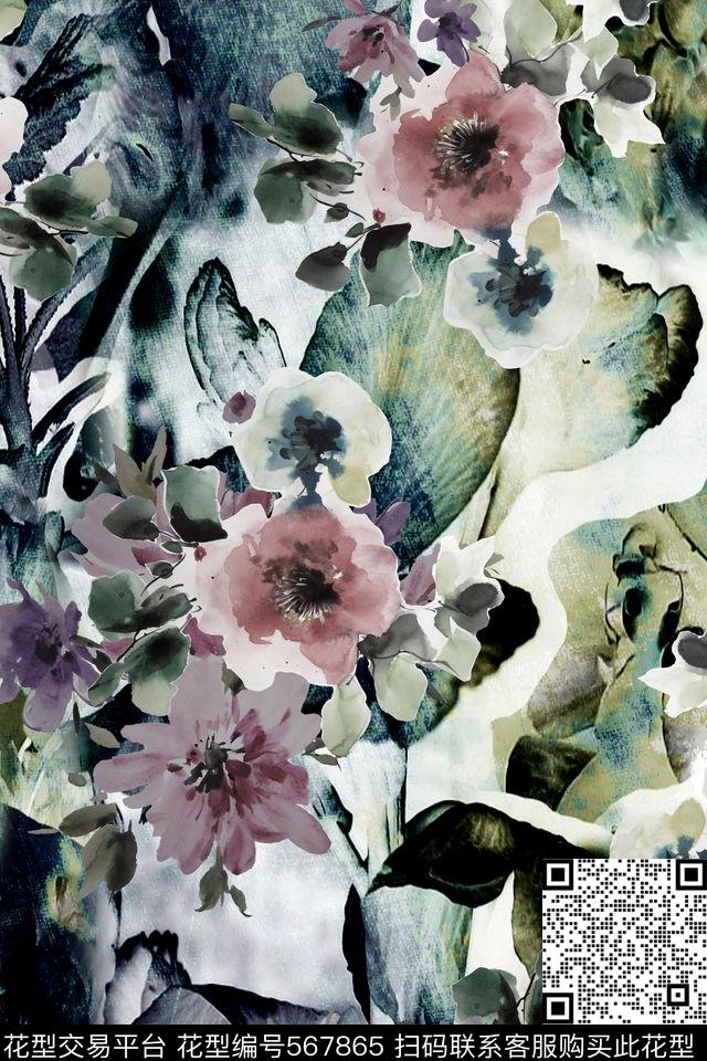 抽象水彩底纹连衣裙雪纺花卉数码印花华亿平台下载（图片编号: 567865） - 瓦栏（Walan）