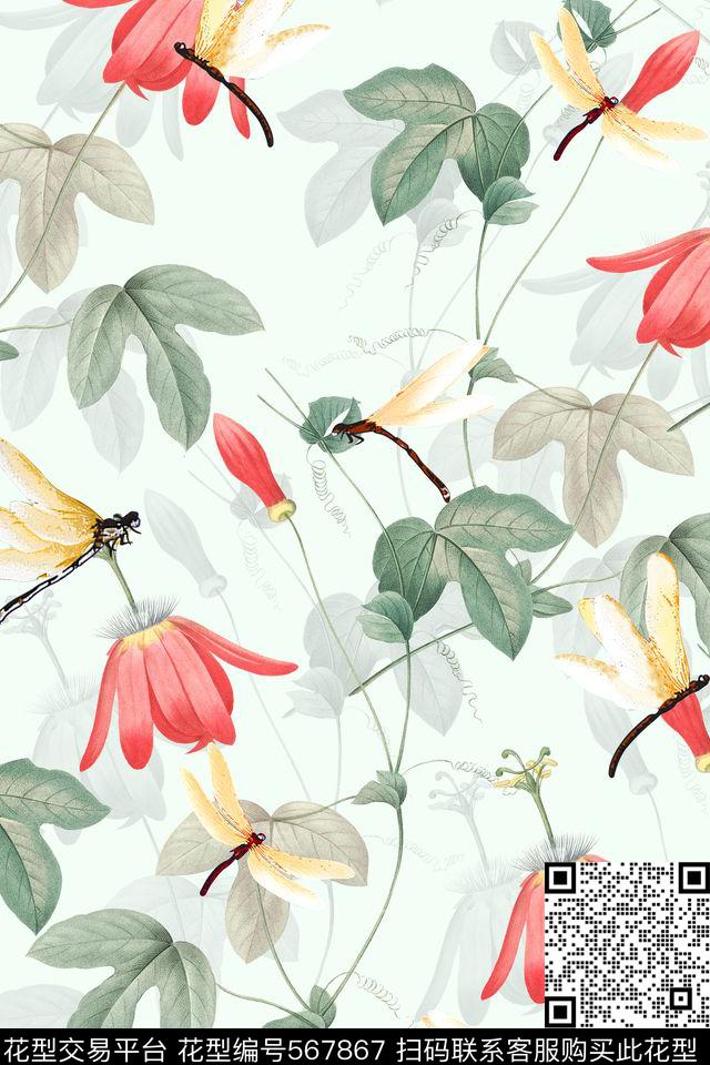 纯色底花卉蜻蜓数码印花华亿平台下载（图片编号: 567867） - 瓦栏（Walan）