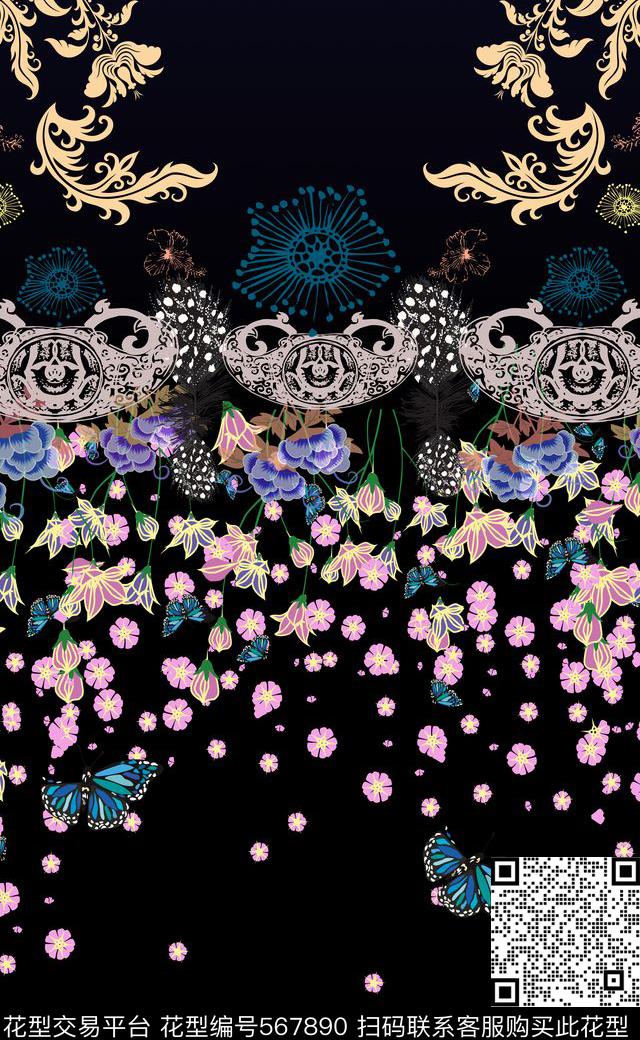 黑底花卉蝴蝶数码印花华亿平台下载（图片编号: 567890） - 瓦栏（Walan）