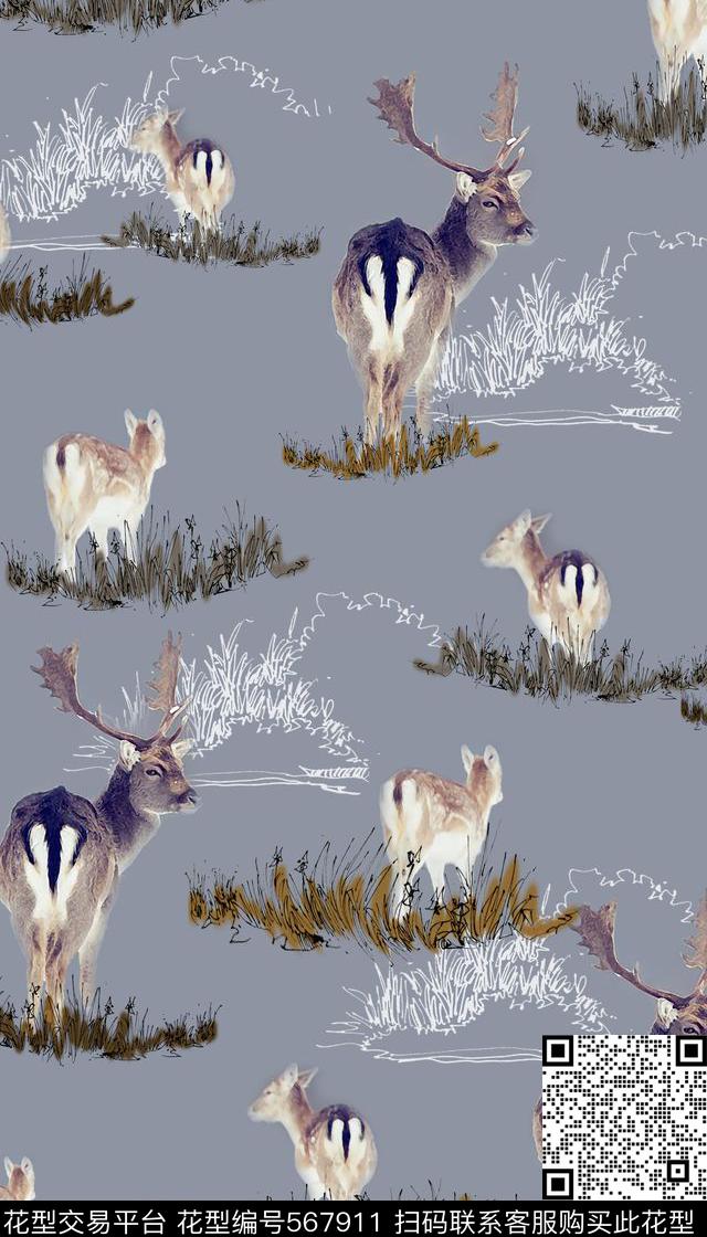 风景鹿草数码印花华亿平台下载（图片编号: 567911） - 瓦栏（Walan）