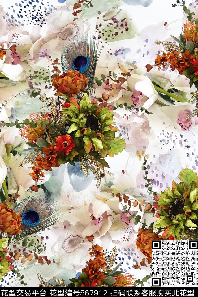 素雅组合花卉雪纺数码印花华亿平台下载（图片编号: 567912） - 瓦栏（Walan）