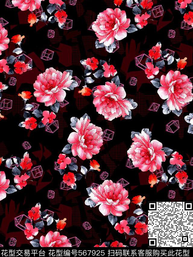 休闲几何格子线条花卉数码印花华亿平台下载（图片编号: 567925） - 瓦栏（Walan）