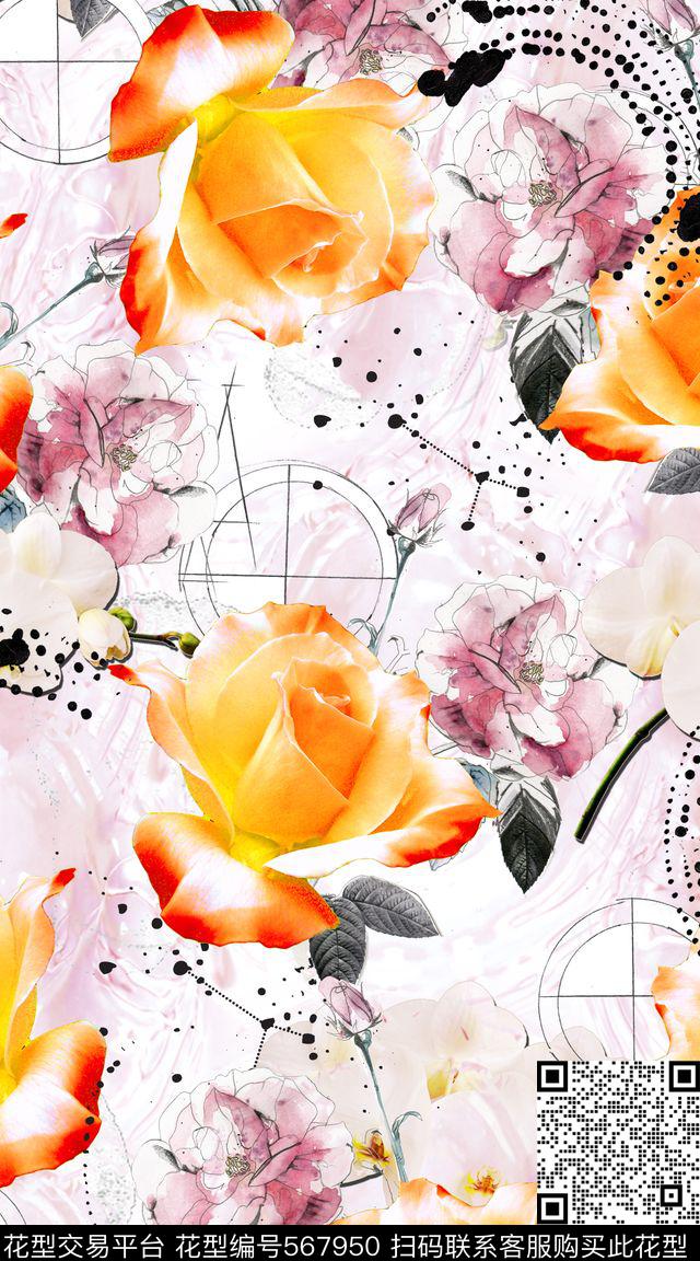 抽象小清新女士春夏外套雪纺空气层小清新玫瑰花水纹背景墨水环铅笔线条数码印花华亿平台下载（图片编号: 567950） - 瓦栏（Walan）
