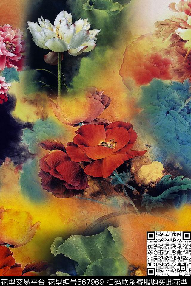 中国风荷花工笔画数码印花华亿平台下载（图片编号: 567969） - 瓦栏（Walan）