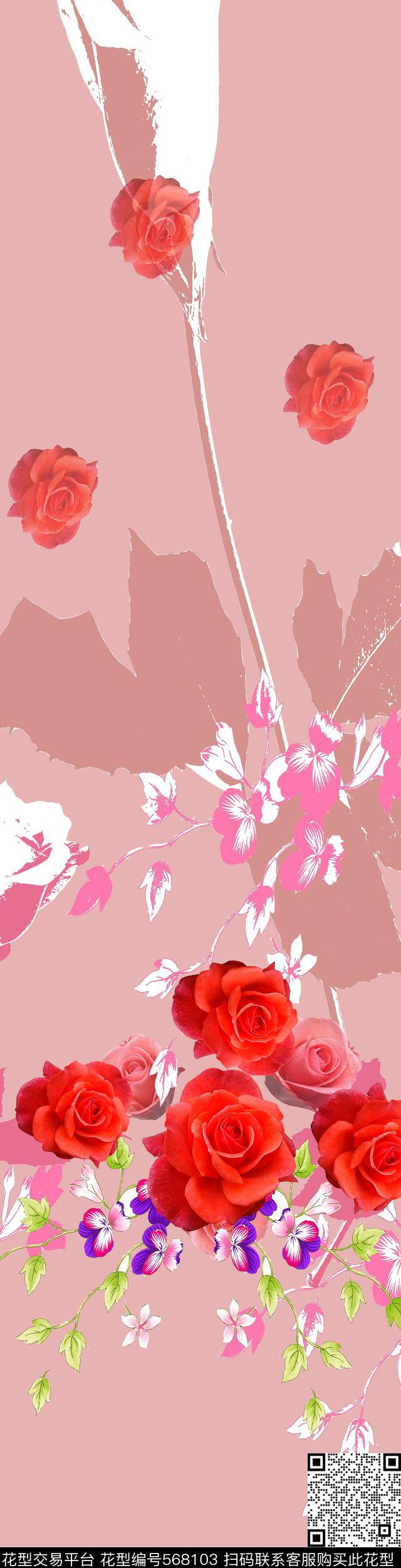 休闲风玫瑰花粉色数码印花华亿平台下载（图片编号: 568103） - 瓦栏（Walan）