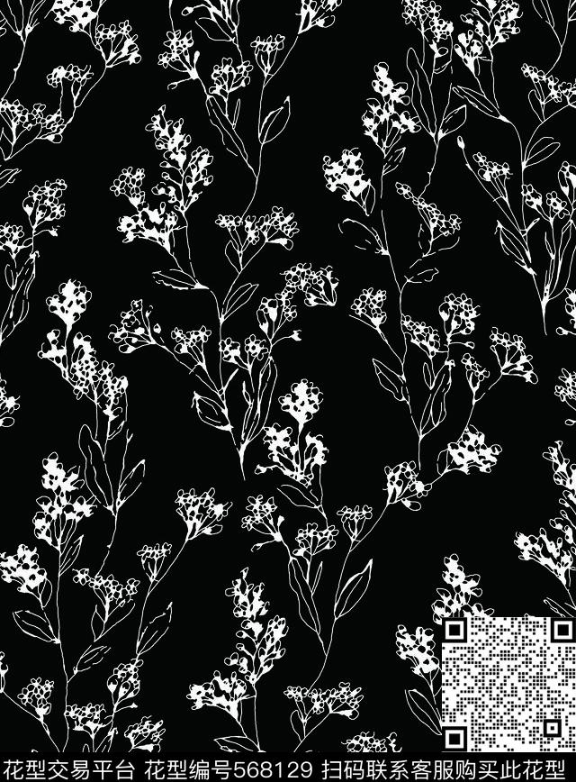 抽象花卉黑底白花几何传统印花华亿平台下载（图片编号: 568129） - 瓦栏（Walan）