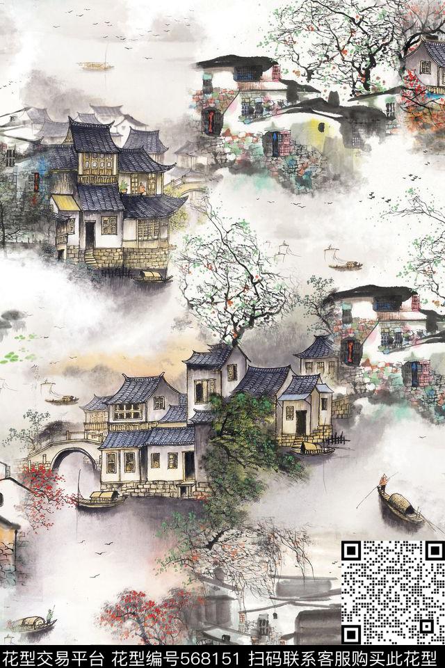 女装潮流时尚大牌手绘山水画风景数码印花华亿平台下载（图片编号: 568151） - 瓦栏（Walan）