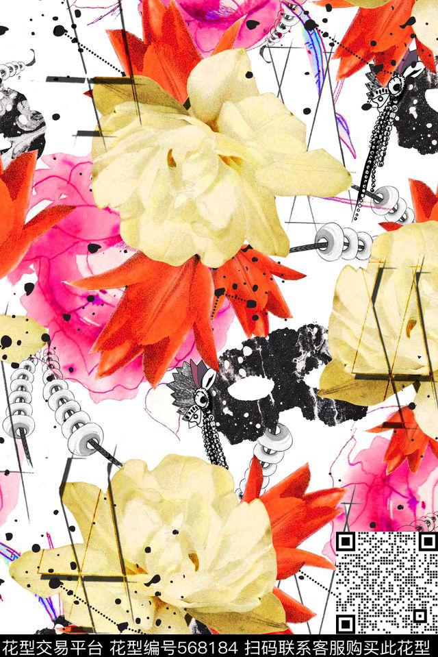 抽象小清新抽象线条半成花卉抽象花卉女士春夏装数码印花华亿平台下载（图片编号: 568184） - 瓦栏（Walan）