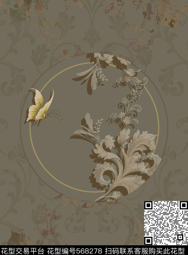 欧式花纹卷草蝴蝶传统印花华亿平台下载（图片编号: 568278） - 瓦栏（Walan）
