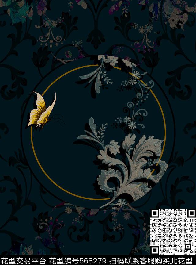 欧式花纹卷草蝴蝶传统印花华亿平台下载（图片编号: 568279） - 瓦栏（Walan）