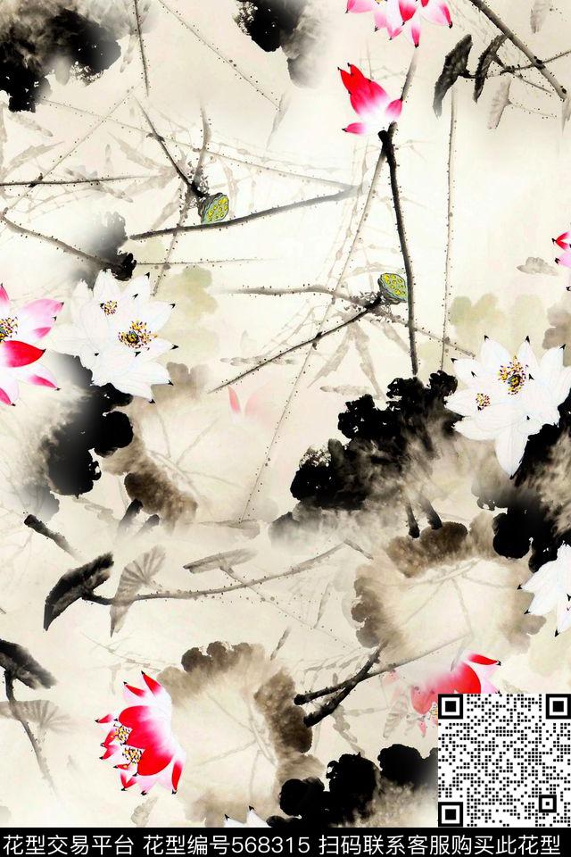 素雅国画水墨荷花旗袍华亿平台数码印花华亿平台下载（图片编号: 568315） - 瓦栏（Walan）