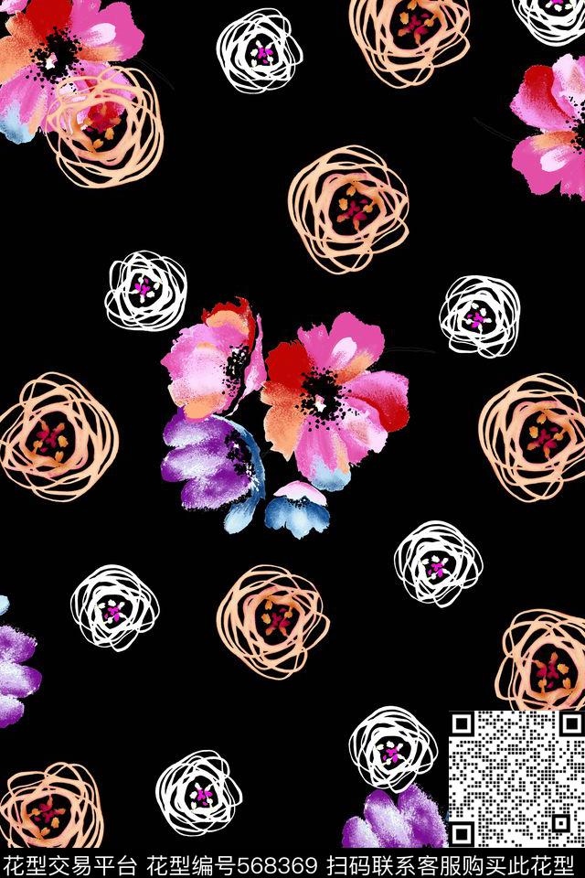 休闲风几何花卉水彩数码印花华亿平台下载（图片编号: 568369） - 瓦栏（Walan）