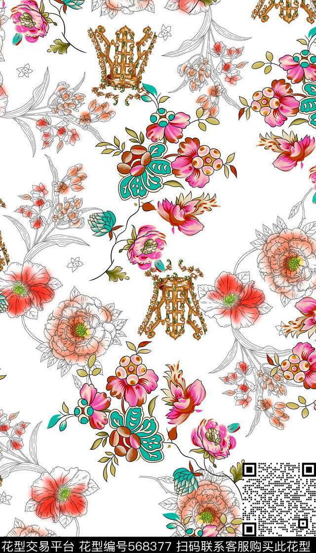 时尚清新花卉钻石皇冠数码印花华亿平台下载（图片编号: 568377） - 瓦栏（Walan）