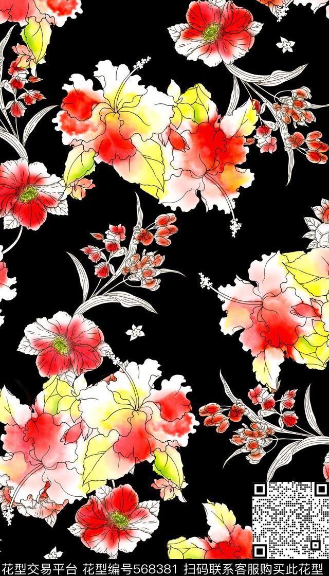 花朵时尚水彩数码印花华亿平台下载（图片编号: 568381） - 瓦栏（Walan）