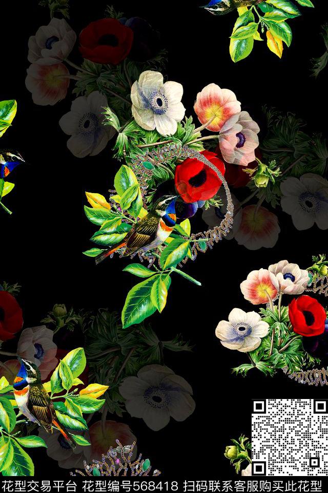 休闲时尚花卉珠宝深色底数码印花华亿平台下载（图片编号: 568418） - 瓦栏（Walan）