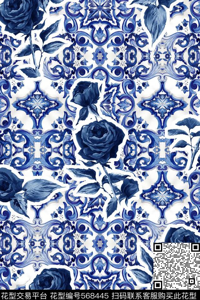青花蓝蓝色玫瑰时装数码印花华亿平台下载（图片编号: 568445） - 瓦栏（Walan）