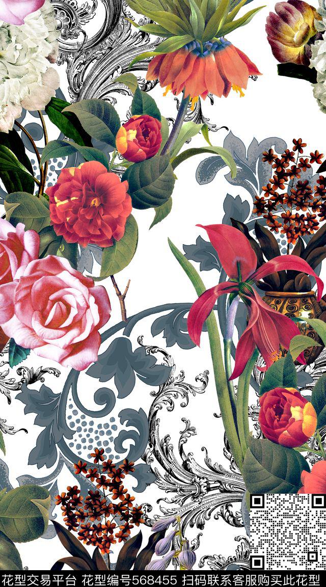 白底服装复古数码印花华亿平台下载（图片编号: 568455） - 瓦栏（Walan）