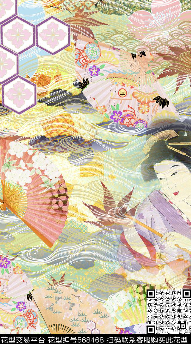 浮世绘纹样和风传统花纹樱花女士旗袍和服大牌女装日式和风数码印花华亿平台下载（图片编号: 568468） - 瓦栏（Walan）