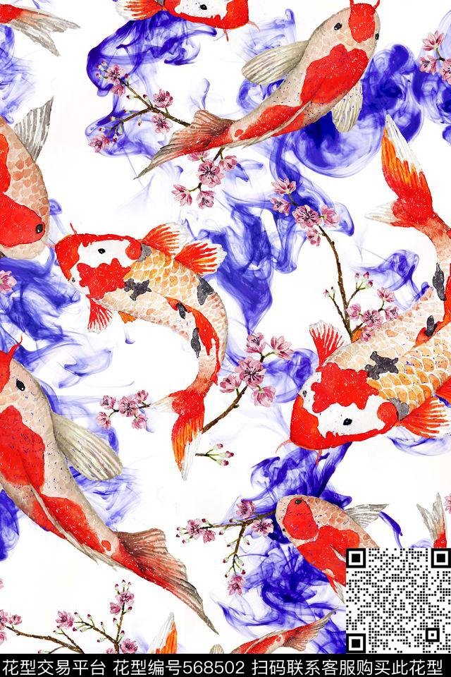 中国风工笔画青花瓷靛蓝数码印花华亿平台下载（图片编号: 568502） - 瓦栏（Walan）