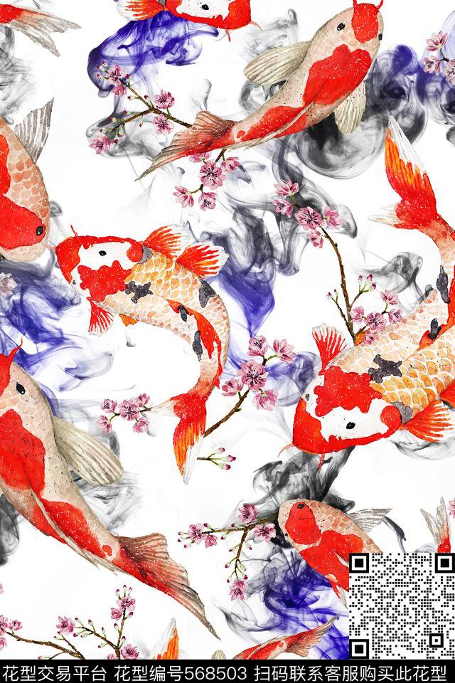 中国风工笔画青花瓷靛蓝数码印花华亿平台下载（图片编号: 568503） - 瓦栏（Walan）