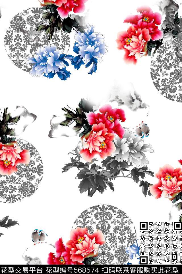 中国风牡丹花中式花纹数码印花华亿平台下载（图片编号: 568574） - 瓦栏（Walan）