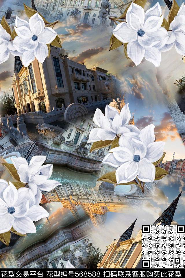 欧式欧洲建筑花卉数码印花华亿平台下载（图片编号: 568588） - 瓦栏（Walan）