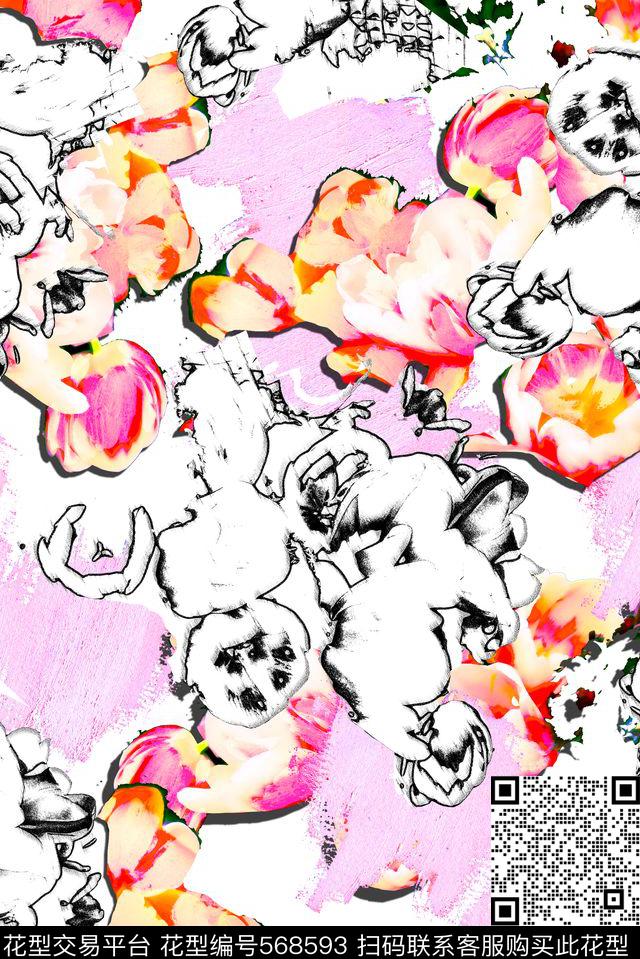 抽象线条半成花卉抽象小清新女士春夏装数码印花华亿平台下载（图片编号: 568593） - 瓦栏（Walan）