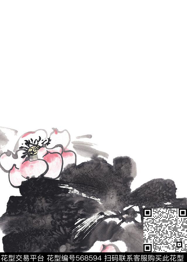 中式荷花水墨数码印花华亿平台下载（图片编号: 568594） - 瓦栏（Walan）
