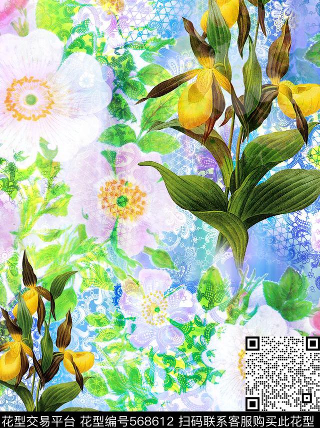 田园风幻彩可爱蕾丝手绘花卉衬衫印花数码印花华亿平台下载（图片编号: 568612） - 瓦栏（Walan）