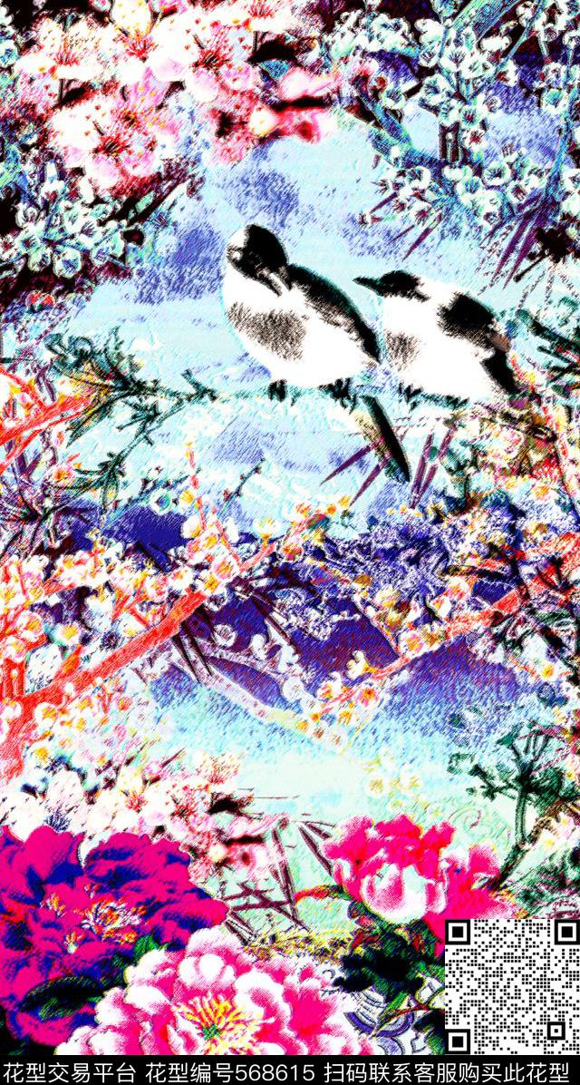 喜鹊植物花卉中国风数码印花华亿平台下载（图片编号: 568615） - 瓦栏（Walan）