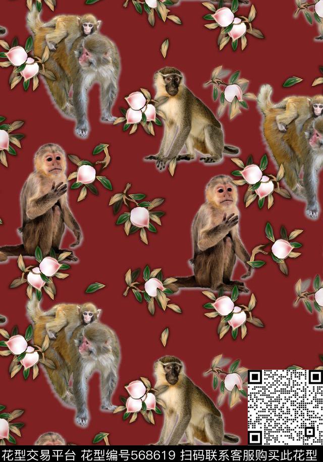 潮流时尚动物猴子和桃子数码印花华亿平台下载（图片编号: 568619） - 瓦栏（Walan）