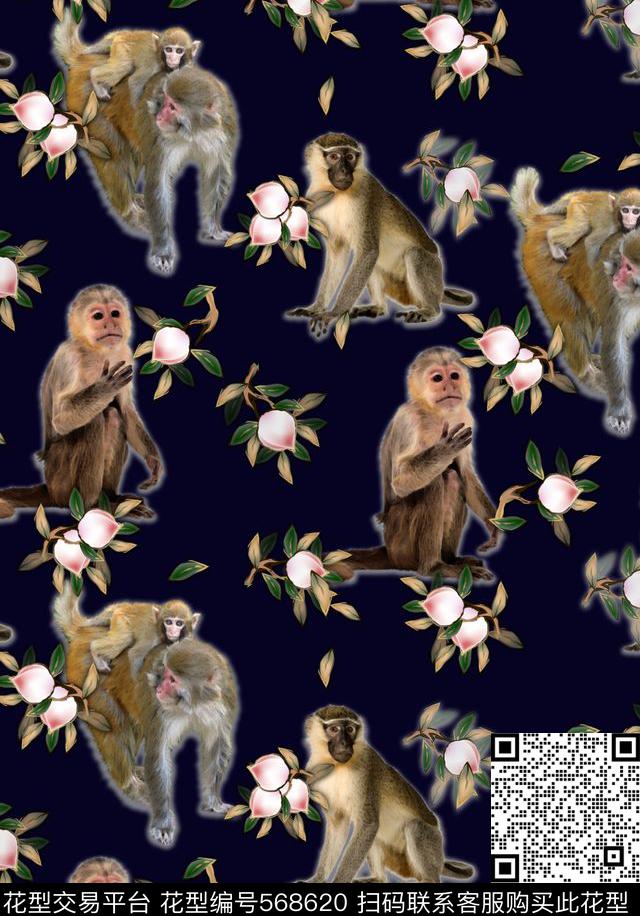 潮流时尚动物猴子和桃子数码印花华亿平台下载（图片编号: 568620） - 瓦栏（Walan）
