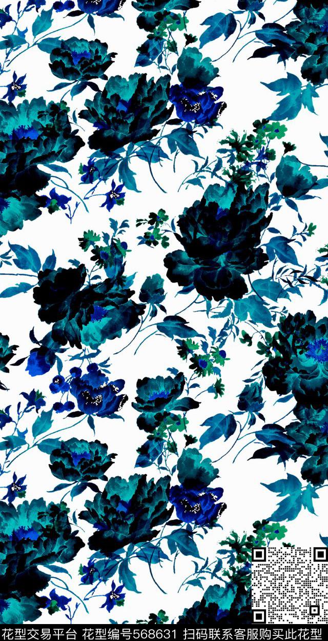 都市花卉手绘水墨花卉数码印花华亿平台下载（图片编号: 568631） - 瓦栏（Walan）