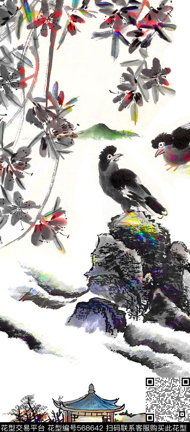 喜鹊中国风中国风水墨喜鹊风景旗袍裙装华亿平台数码印花华亿平台下载（图片编号: 568642） - 瓦栏（Walan）