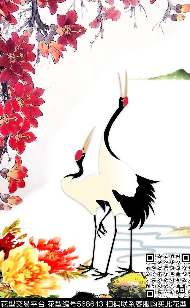 花卉中国风中国风富贵牡丹双鹤吉祥如意旗袍裙装华亿平台.数码印花华亿平台下载（图片编号: 568643） - 瓦栏（Walan）