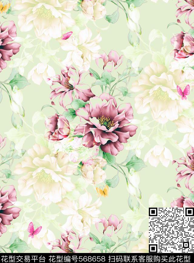 花卉水彩蝴蝶花卉大花朵小清新数码印花华亿平台下载（图片编号: 568658） - 瓦栏（Walan）
