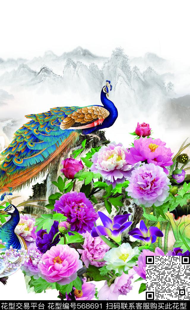 中国风花卉孔雀数码印花华亿平台下载（图片编号: 568691） - 瓦栏（Walan）