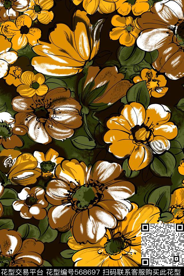 浪漫花卉手绘花卉传统印花华亿平台下载（图片编号: 568697） - 瓦栏（Walan）
