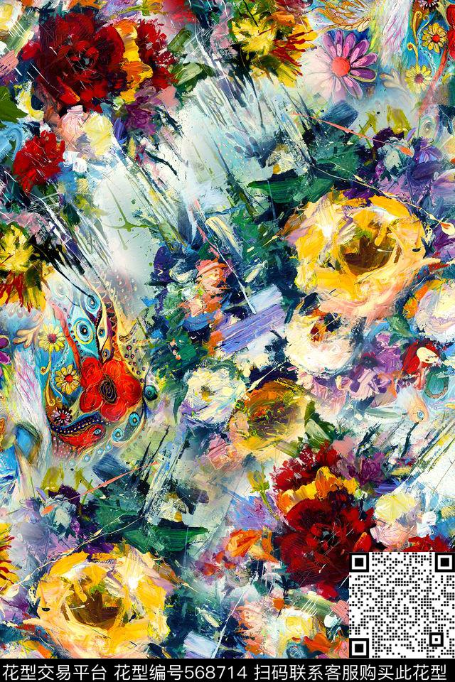抽象花卉油画华亿平台数码印花华亿平台下载（图片编号: 568714） - 瓦栏（Walan）