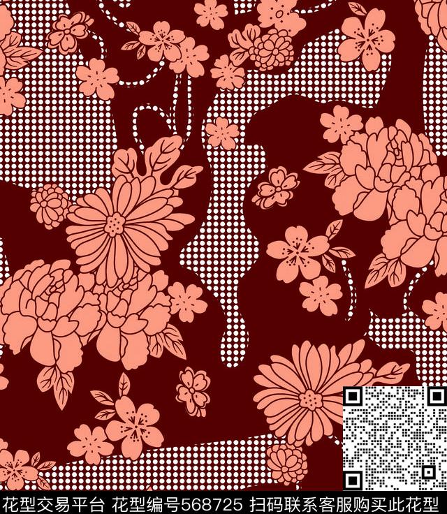 抽象花卉小翠花几何传统印花华亿平台下载（图片编号: 568725） - 瓦栏（Walan）