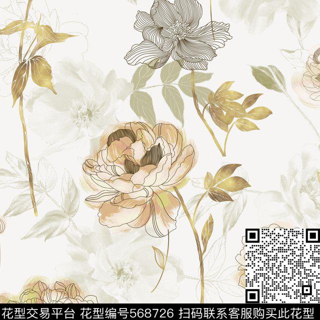 唯美线描花卉传统印花华亿平台下载（图片编号: 568726） - 瓦栏（Walan）