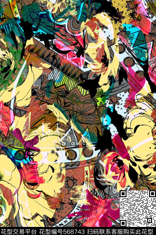 时尚手绘花卉数码印花华亿平台下载（图片编号: 568743） - 瓦栏（Walan）