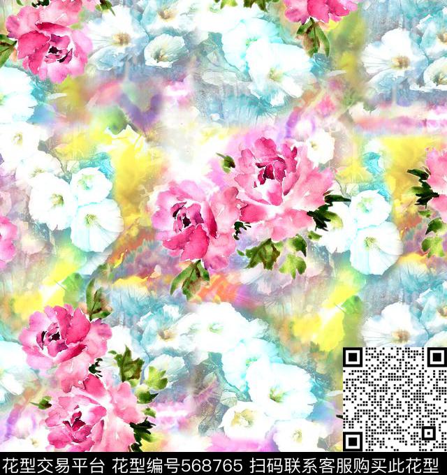 时尚潮流水彩花卉服装数码印花华亿平台下载（图片编号: 568765） - 瓦栏（Walan）