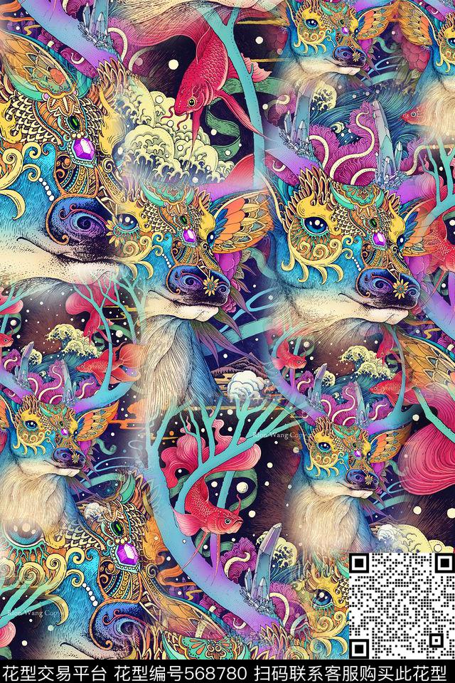 插画民族画花纹神兽数码印花华亿平台下载（图片编号: 568780） - 瓦栏（Walan）