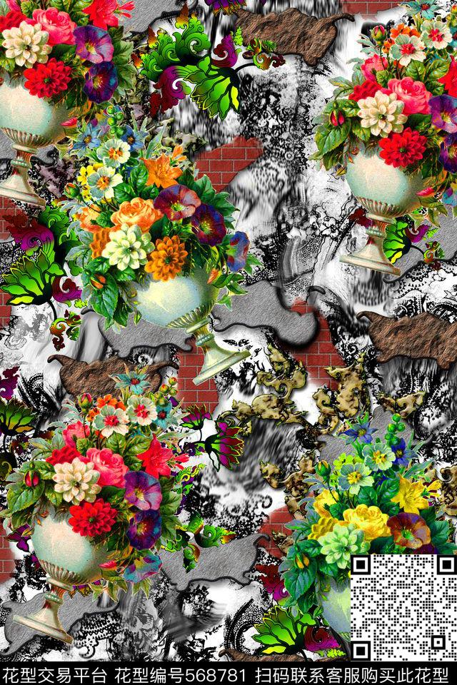 抽像花卉建筑复古数码印花华亿平台下载（图片编号: 568781） - 瓦栏（Walan）