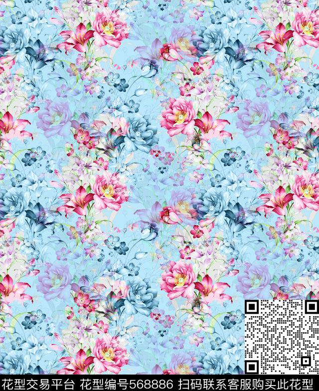 清新花卉花卉家纺水彩花卉数码印花华亿平台下载（图片编号: 568886） - 瓦栏（Walan）