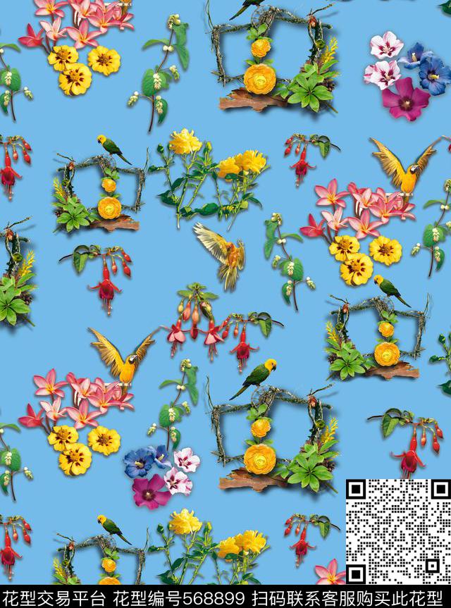 潮流时尚花卉动物鸟数码印花华亿平台下载（图片编号: 568899） - 瓦栏（Walan）