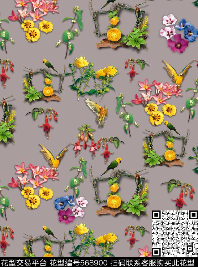 潮流时尚花卉动物鸟数码印花华亿平台下载（图片编号: 568900） - 瓦栏（Walan）