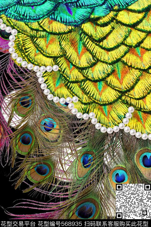 服装布艺黑色孔雀羽毛数码印花华亿平台下载（图片编号: 568935） - 瓦栏（Walan）